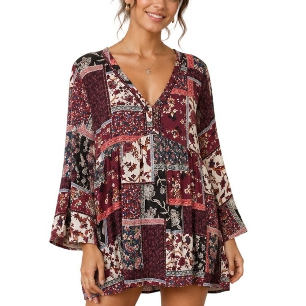 Kate & Sam Women Burgundy Patchwork Floral Peplum Bell Sleeve Top size Medium